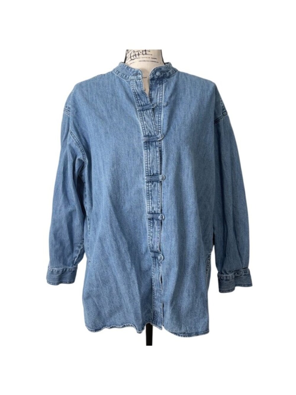 Vtg J. Jill Women Size 1X Denim Top Embroidered Mandarin-Collar Frog-Button Blue